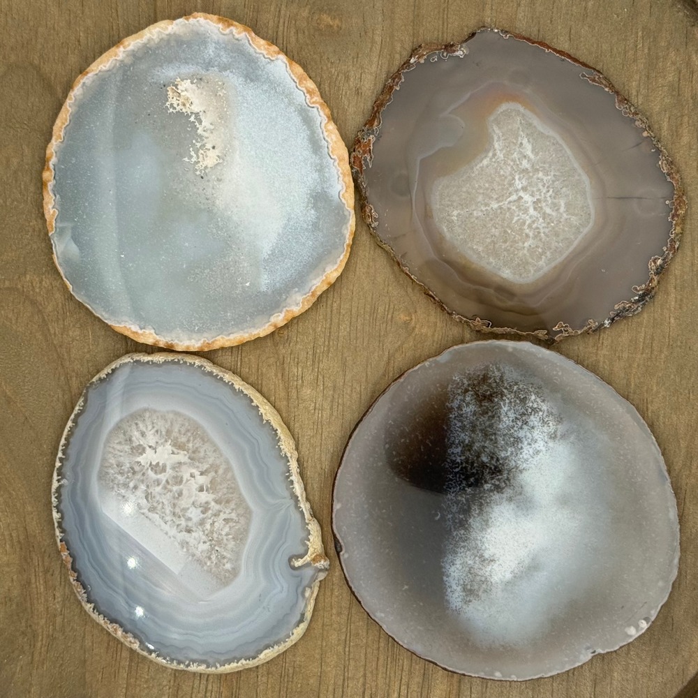 Natural Agate Geode Slice Coasters Grey Brown Polished Stone Set of 4 with Feet